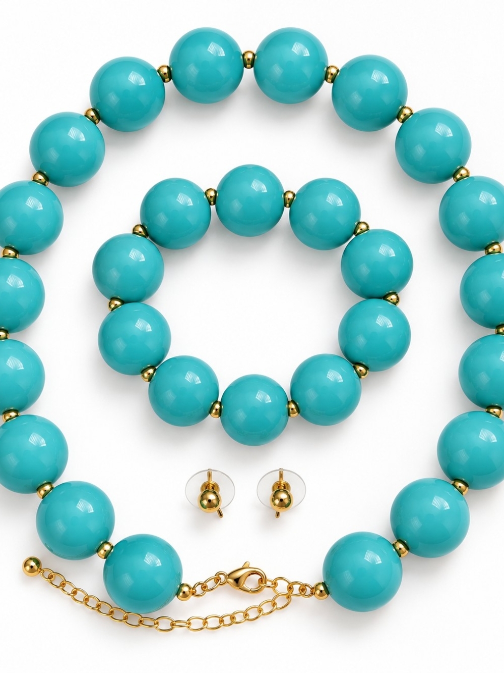 Turquoise Bead Necklace & Bracelet Set with Gold Accents - Women Jewelry